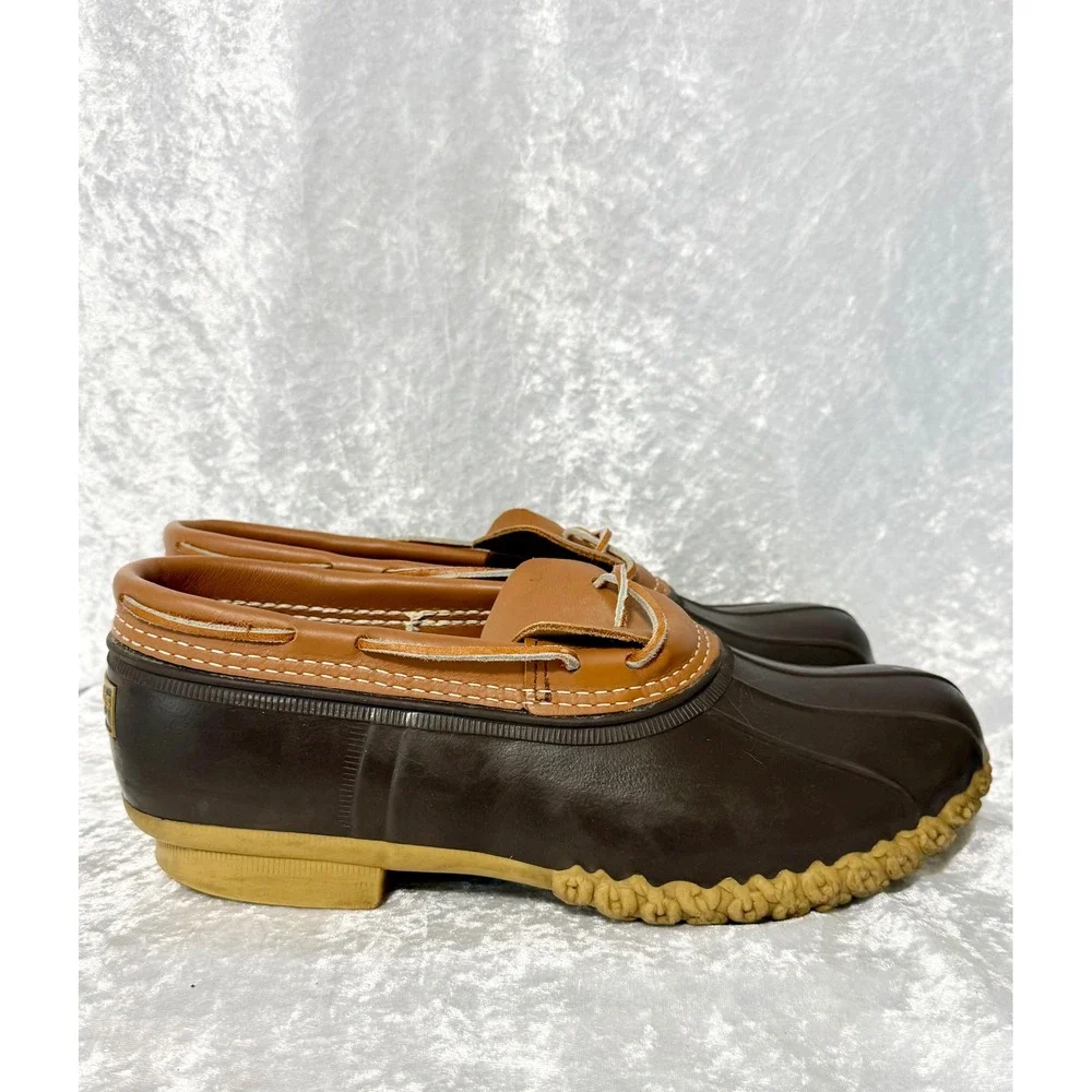 LL Bean Men Brown Leather Rubber Moc Duck Shoes Waterproof Moccasins Sz 10W USA